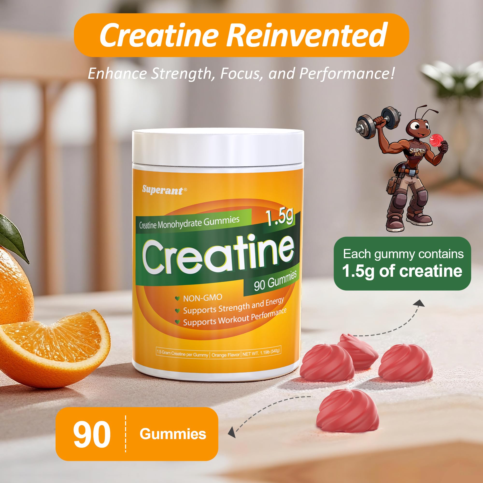 Orange-flavored creatine gummies close-up