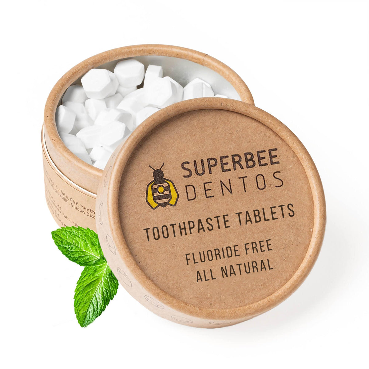 Front view of SuperBee Dentos toothpaste tablets 100 tabs spearmint packaging