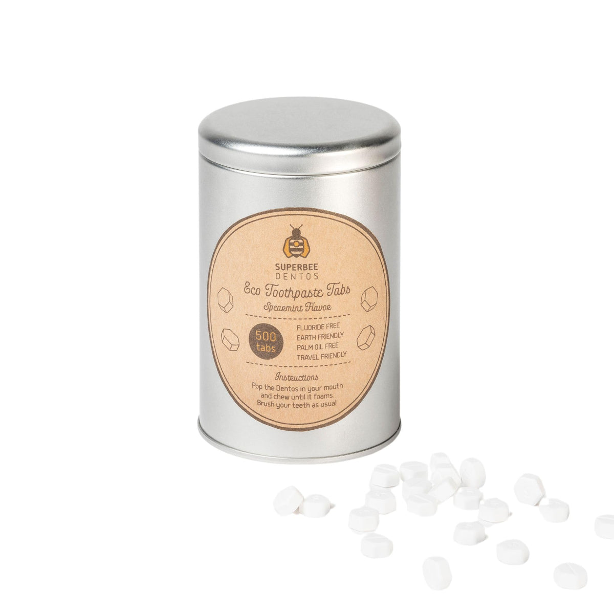 Box and reusable tin packaging for SuperBee DENTOS toothpaste tablets