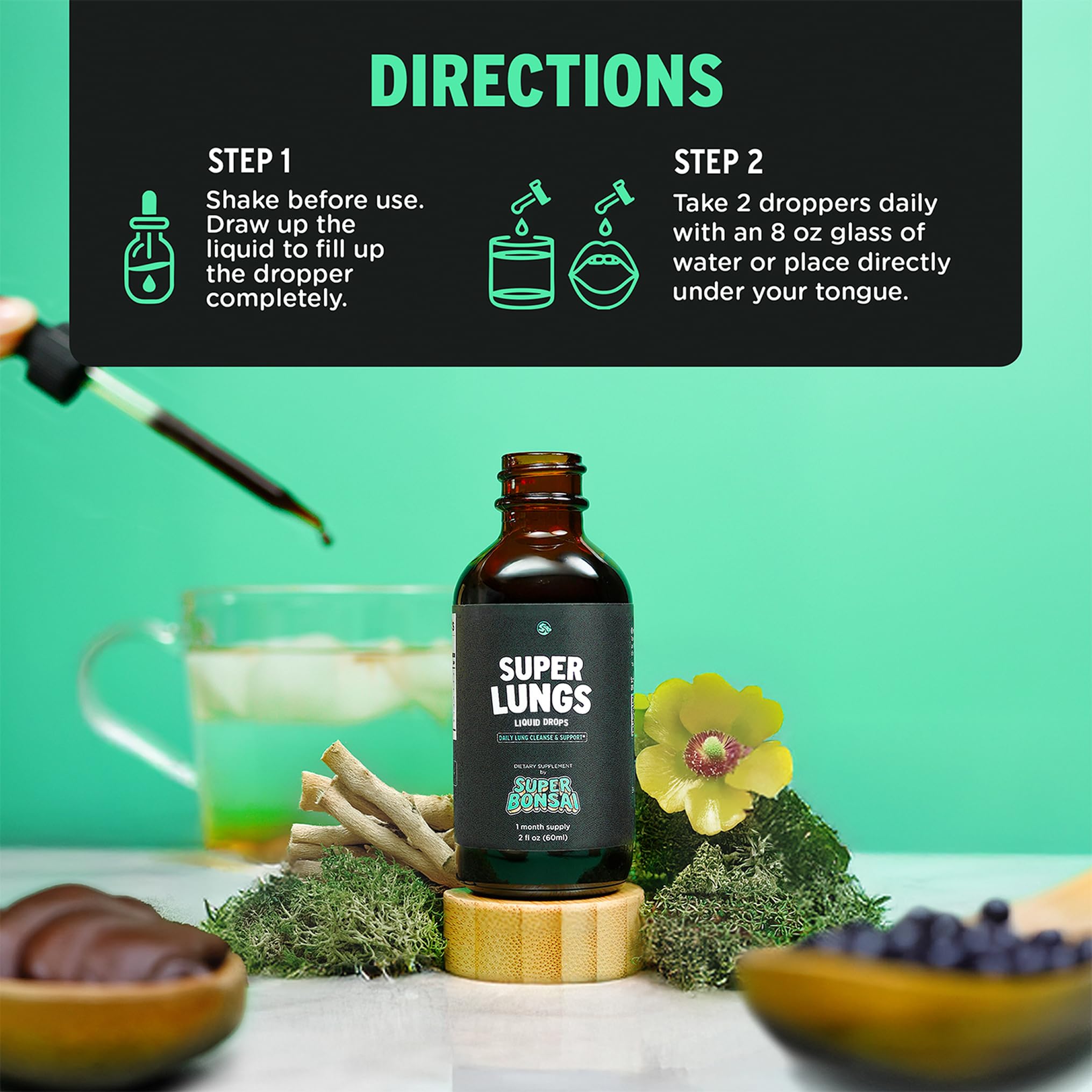 SuperBonsai Super Lungs dropper dispense showing convenient dosing