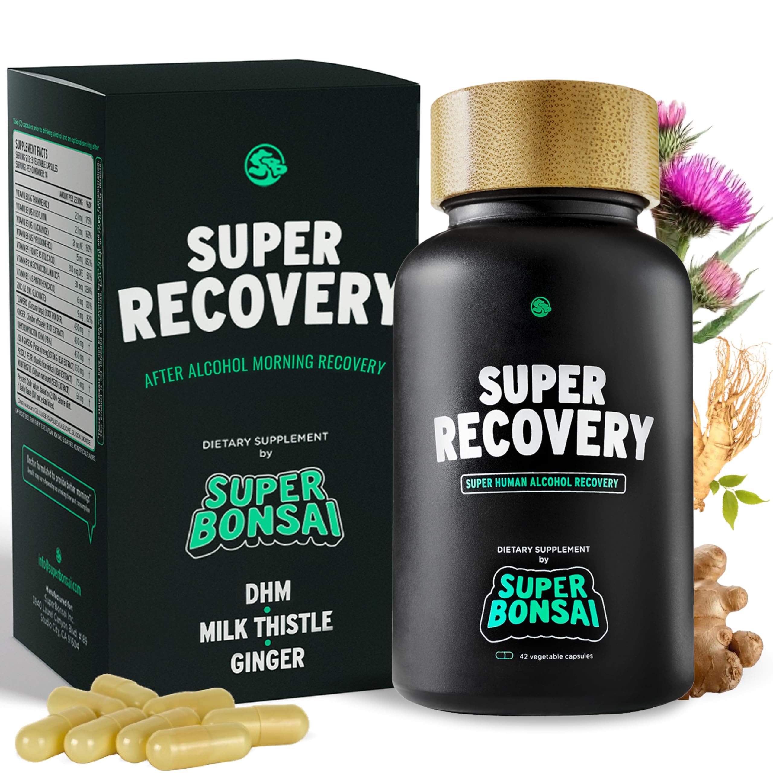 SuperBonsai Super Recovery capsules bottle for post-celebration relief and morning energy.