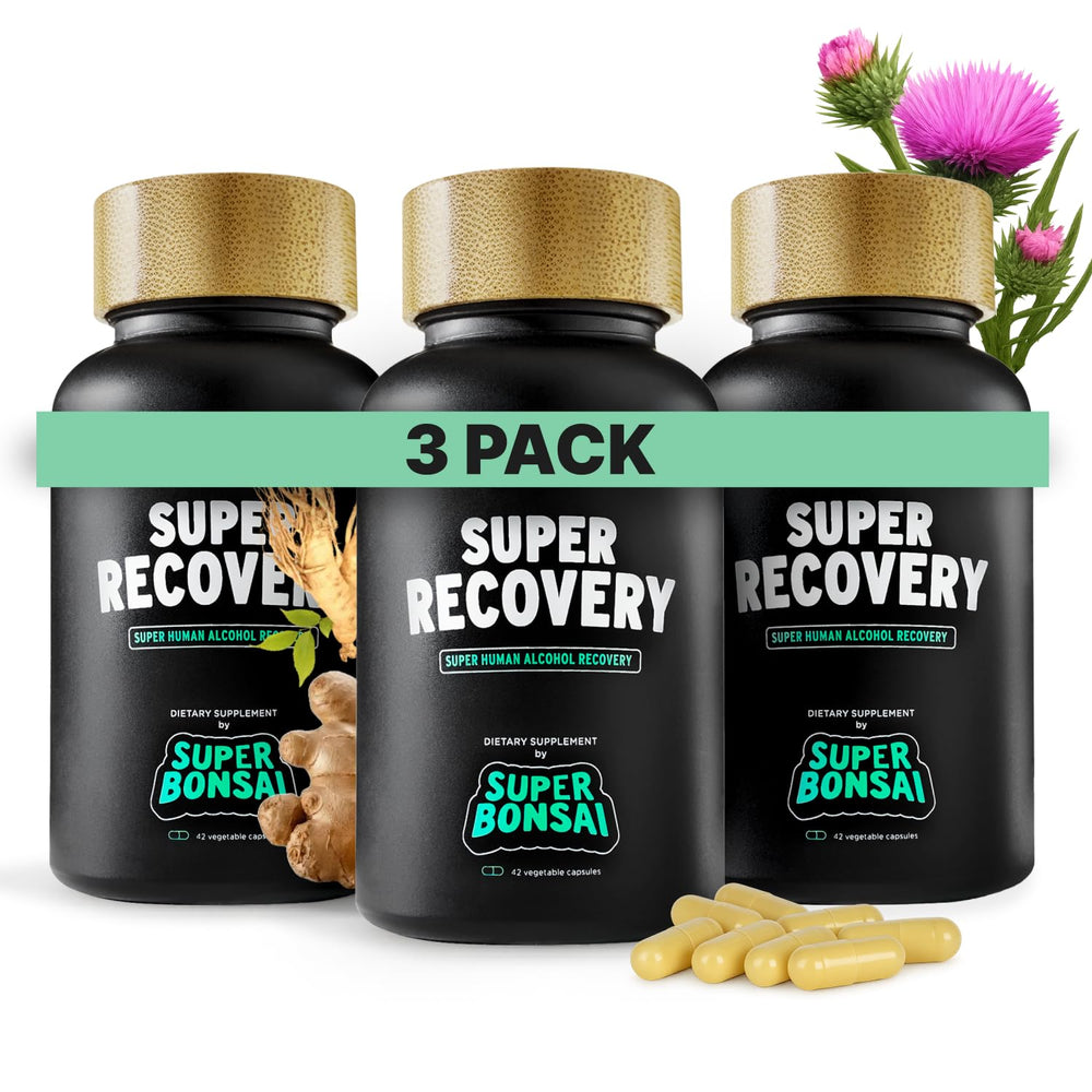 SuperBonsai Super Recovery capsules in a bottle for easy pre-party support.