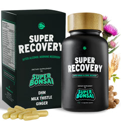 SuperBonsai Super Recovery capsules bottle for post-celebration relief and morning energy.