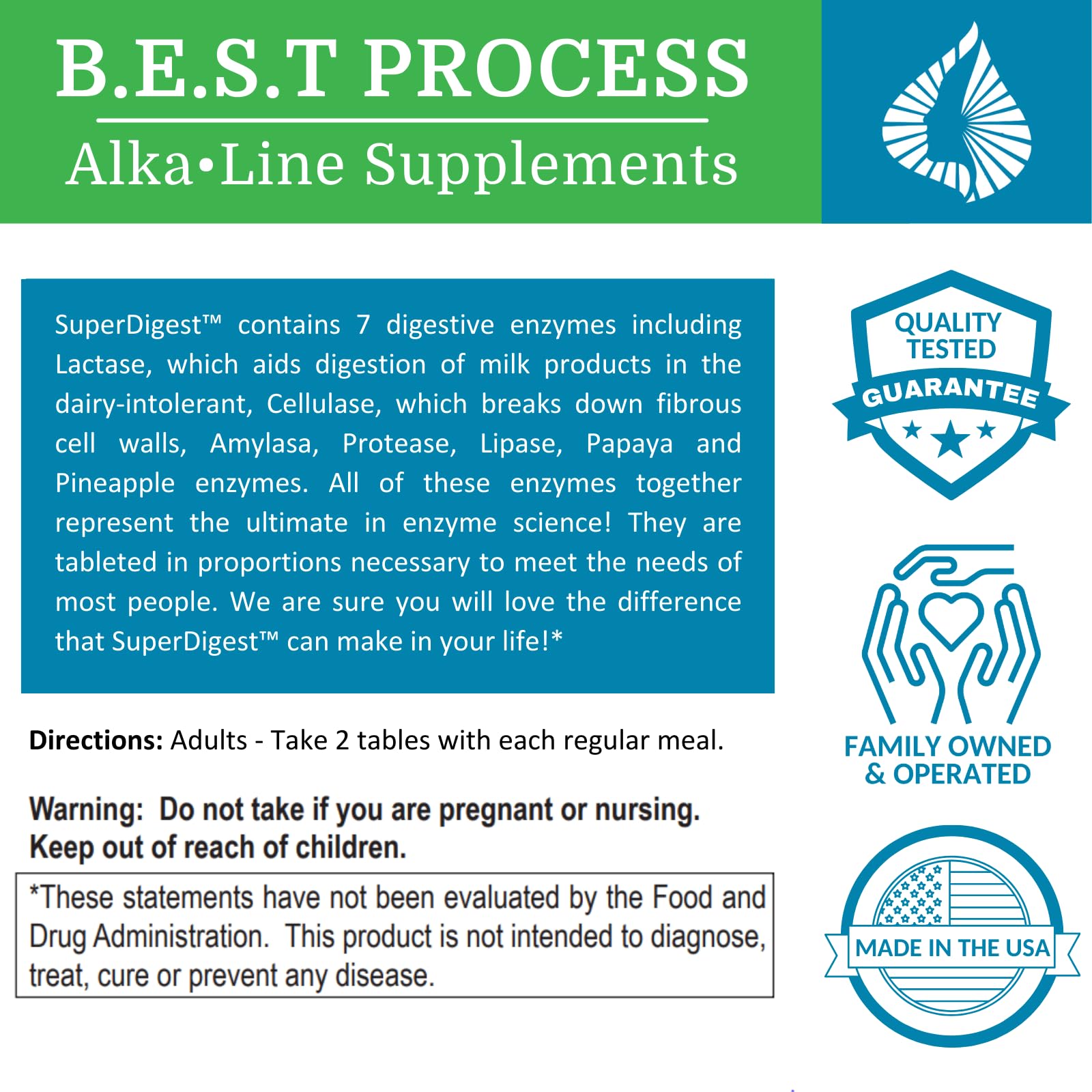 Close-up of SuperDigest ingredients including enzymes and alfalfa