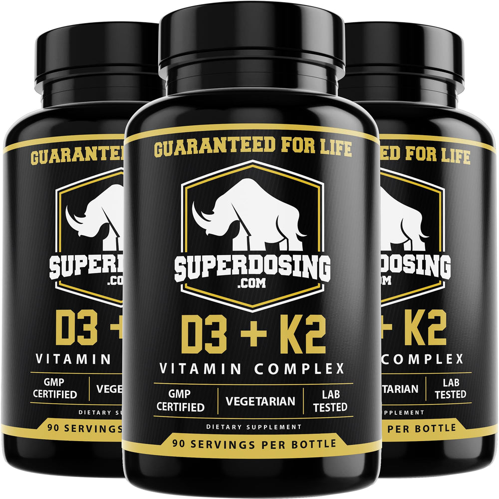 SuperDosing D3K2 bottle front view highlighting high-potency formula.