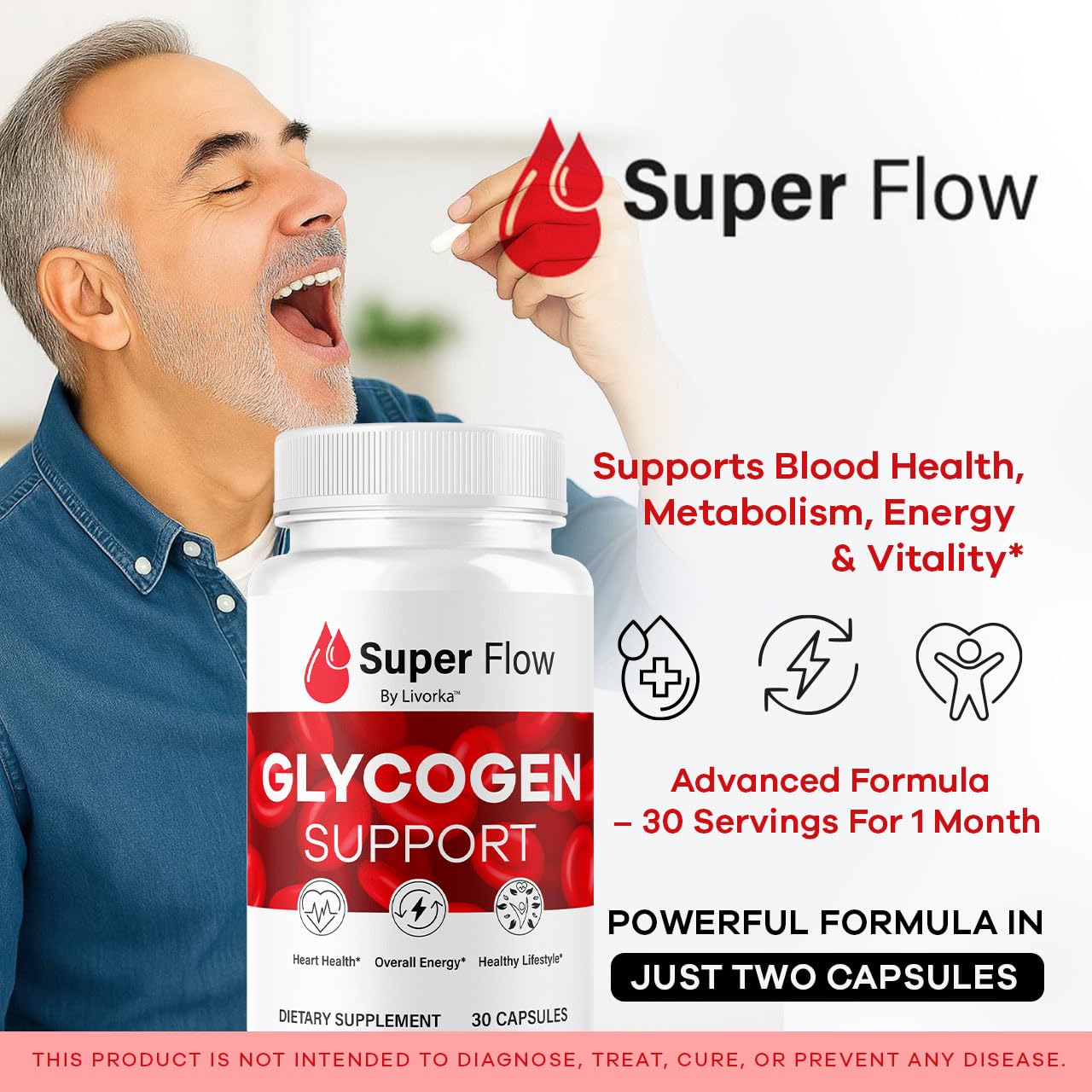 Close-up of SuperFlow Glycogen capsules in bottle