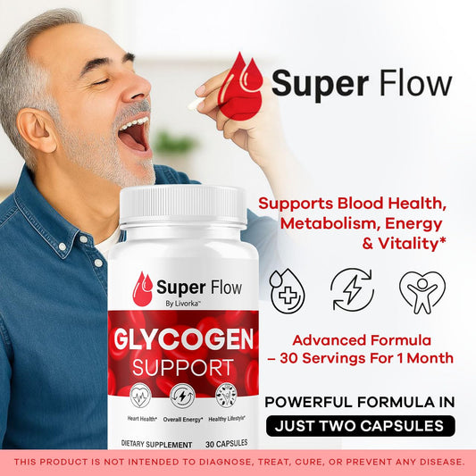 Close-up of SuperFlow Glycogen capsules in bottle