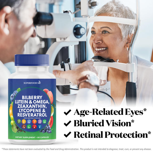 Close-up of AREDS2 ingredients including bilberry, lutein, and zeaxanthin
