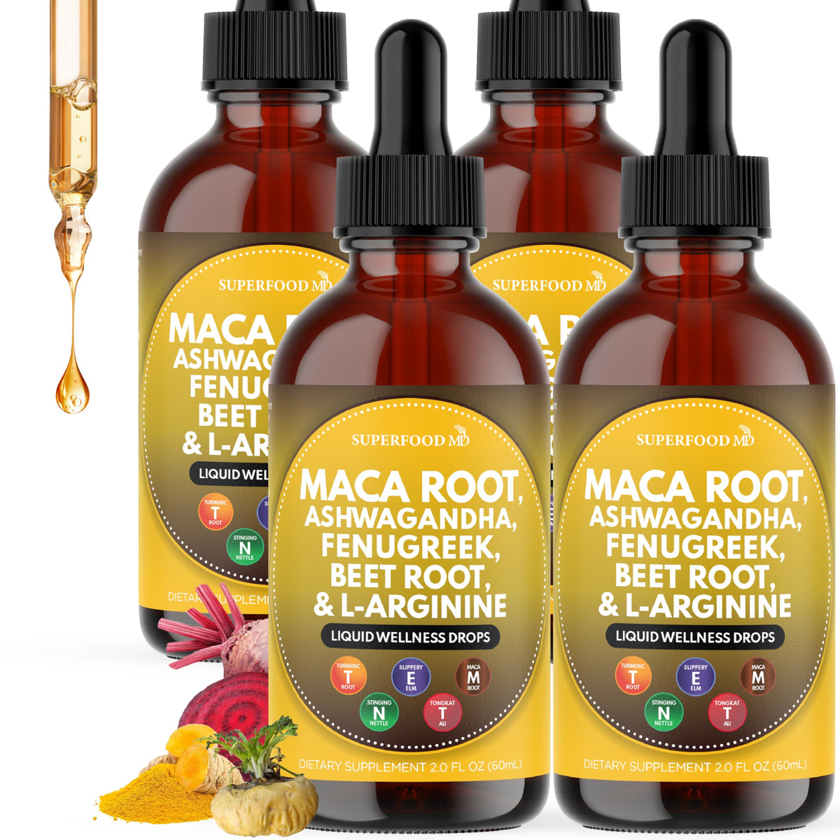 Front view of Superfood MD Maca Root Liquid Drops bottle, 8 oz