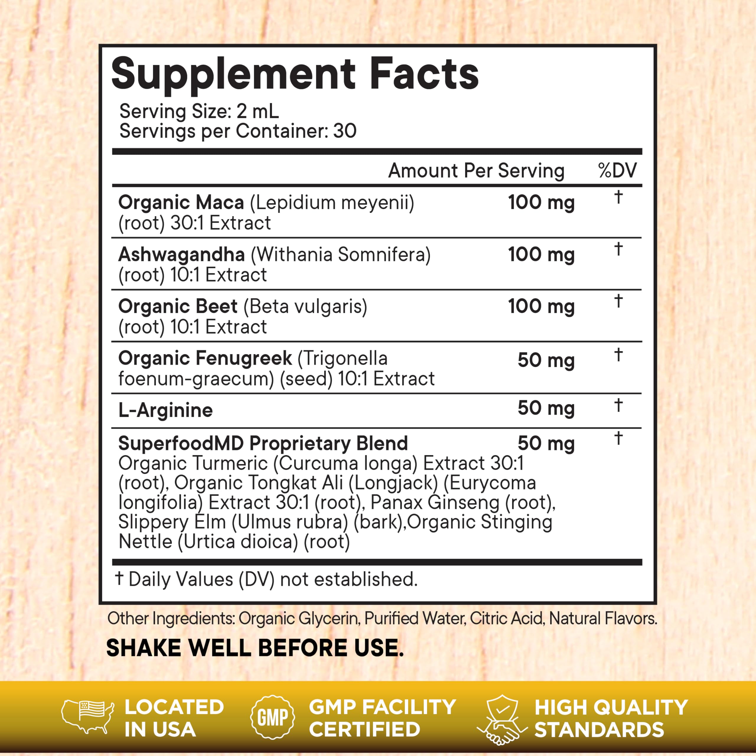 Ingredients image showing maca root, ashwagandha, fenugreek, nettle, beet root and L-arginine