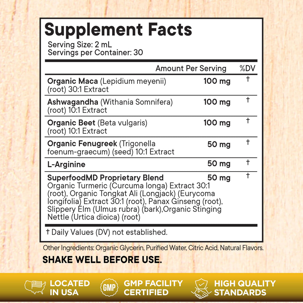 Ingredients image showing maca root, ashwagandha, fenugreek, nettle, beet root and L-arginine
