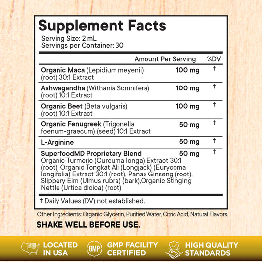 Ingredients image showing maca root, ashwagandha, fenugreek, nettle, beet root and L-arginine