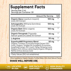 Ingredients image showing maca root, ashwagandha, fenugreek, nettle, beet root and L-arginine