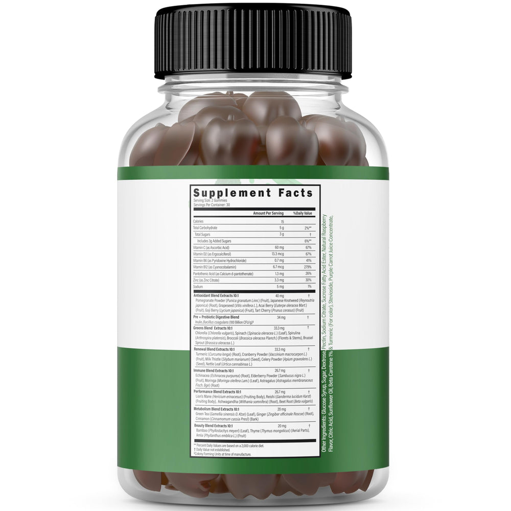 Front view of Supergreens Gummies bottle showing label