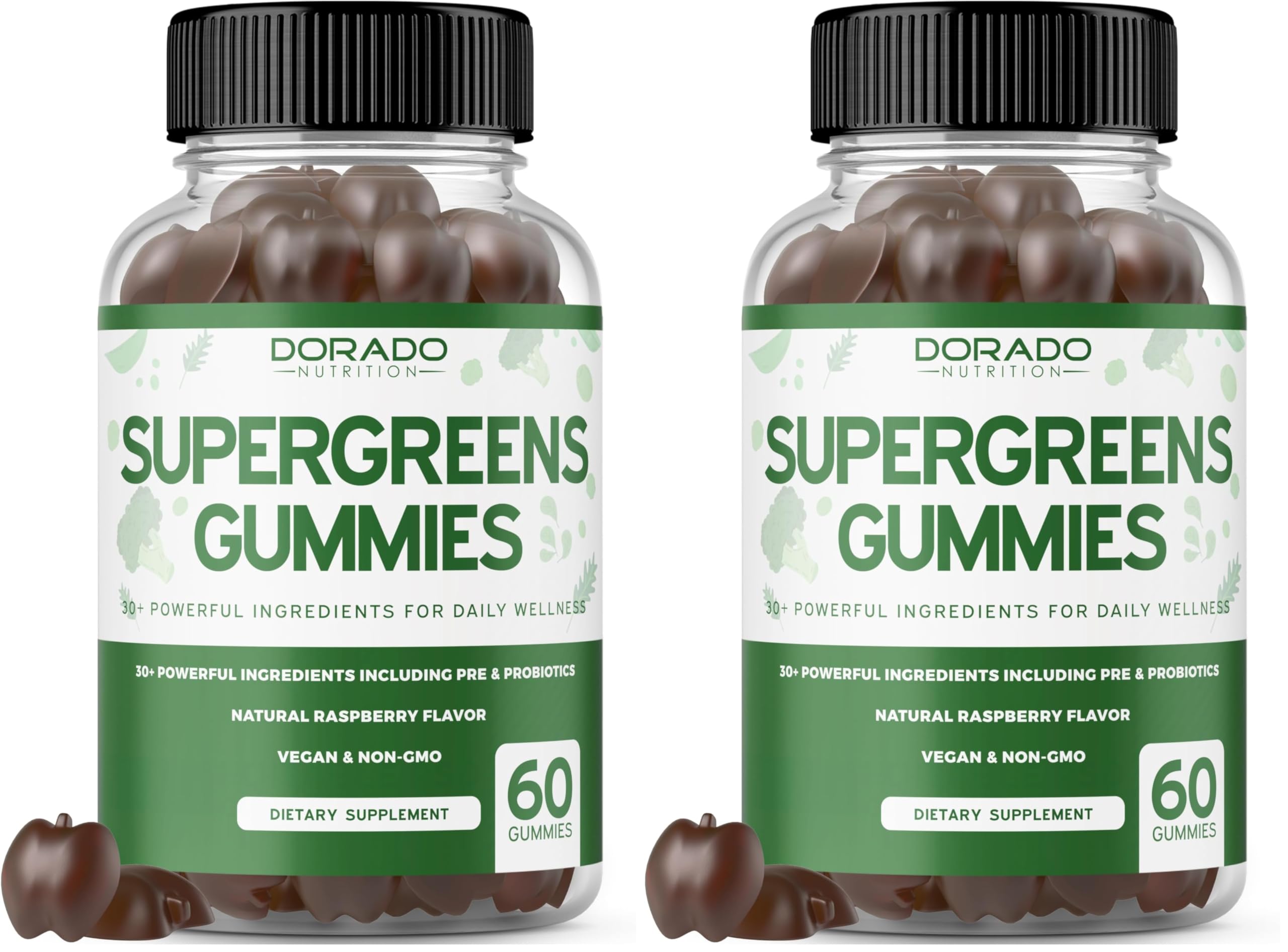 Two-pack of Supergreens Gummies 60-count bottles on a clean background