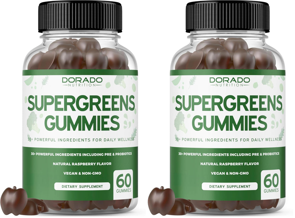 Two-pack of Supergreens Gummies 60-count bottles on a clean background