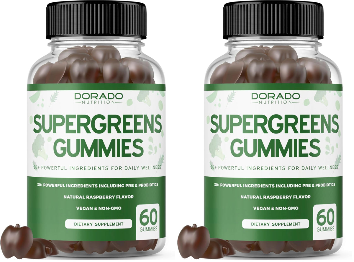 Two-pack of Supergreens Gummies 60-count bottles on a clean background
