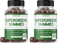 Two-pack of Supergreens Gummies 60-count bottles on a clean background