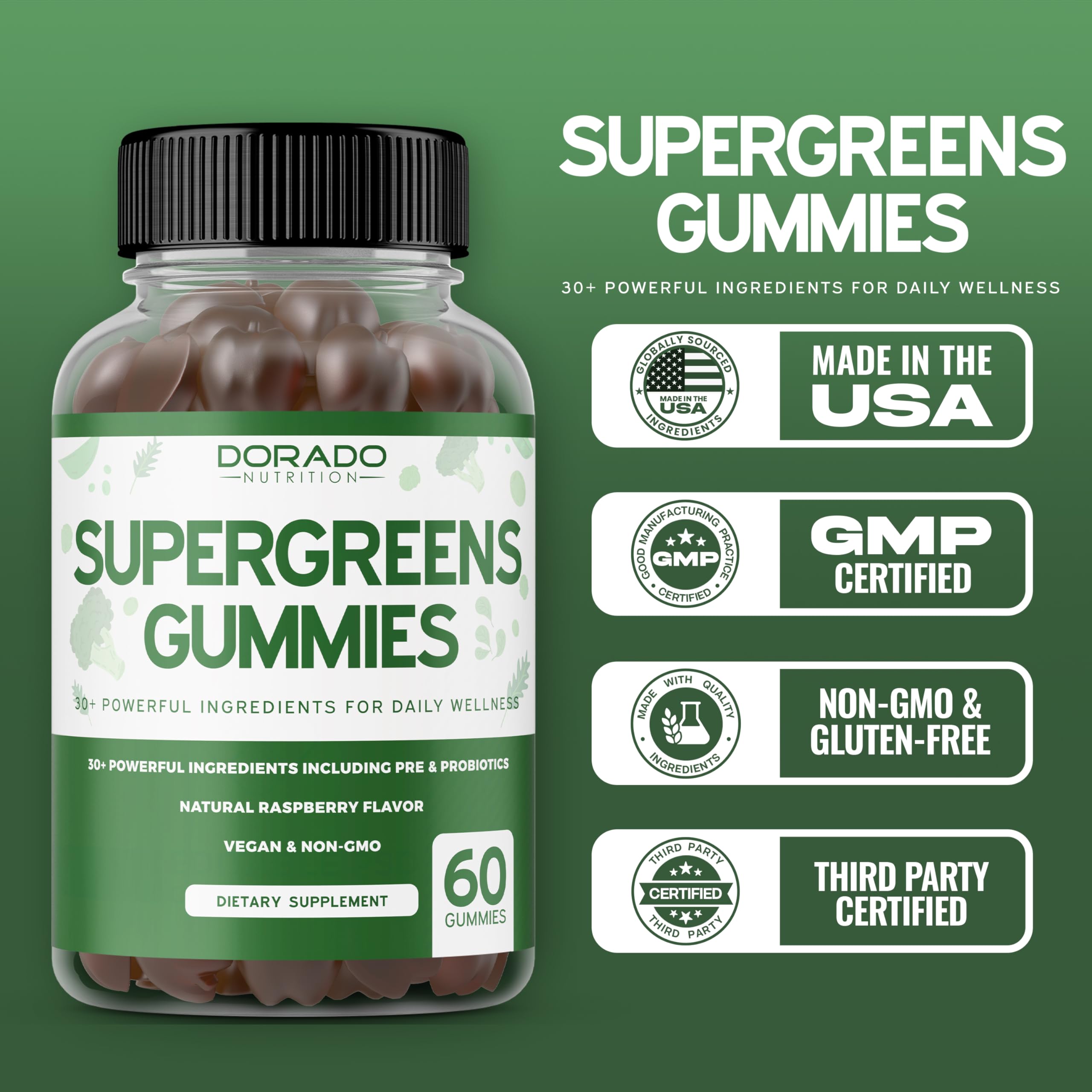 USA-made, third-party tested Supergreens Gummies packaging with lab testing badge