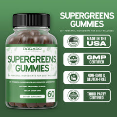USA-made, third-party tested Supergreens Gummies packaging with lab testing badge