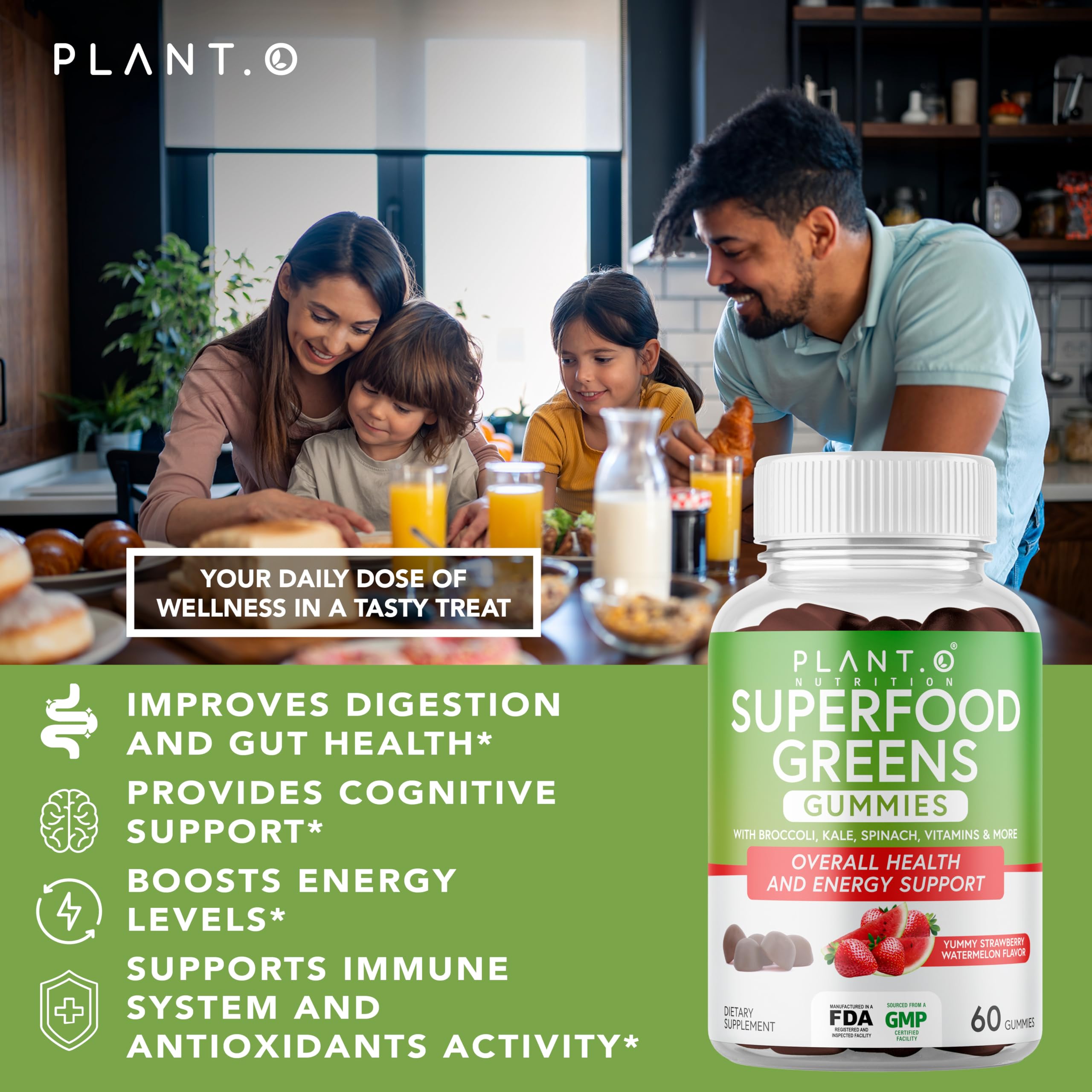 Illustration of immunity, gut and brain benefits from SuperGreens Gummies