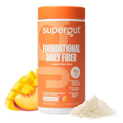 Bottle of Supergut Foundational Daily Fiber Powder Peach Mango flavor