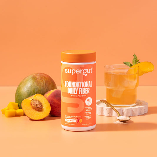 Front label of Supergut Foundational Daily Fiber Powder Peach Mango