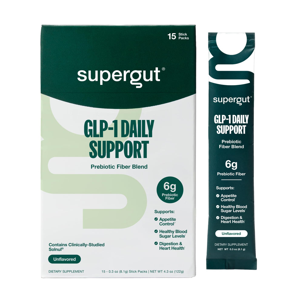 Front view of Supergut GLP-1 Daily Support packaging with scoop