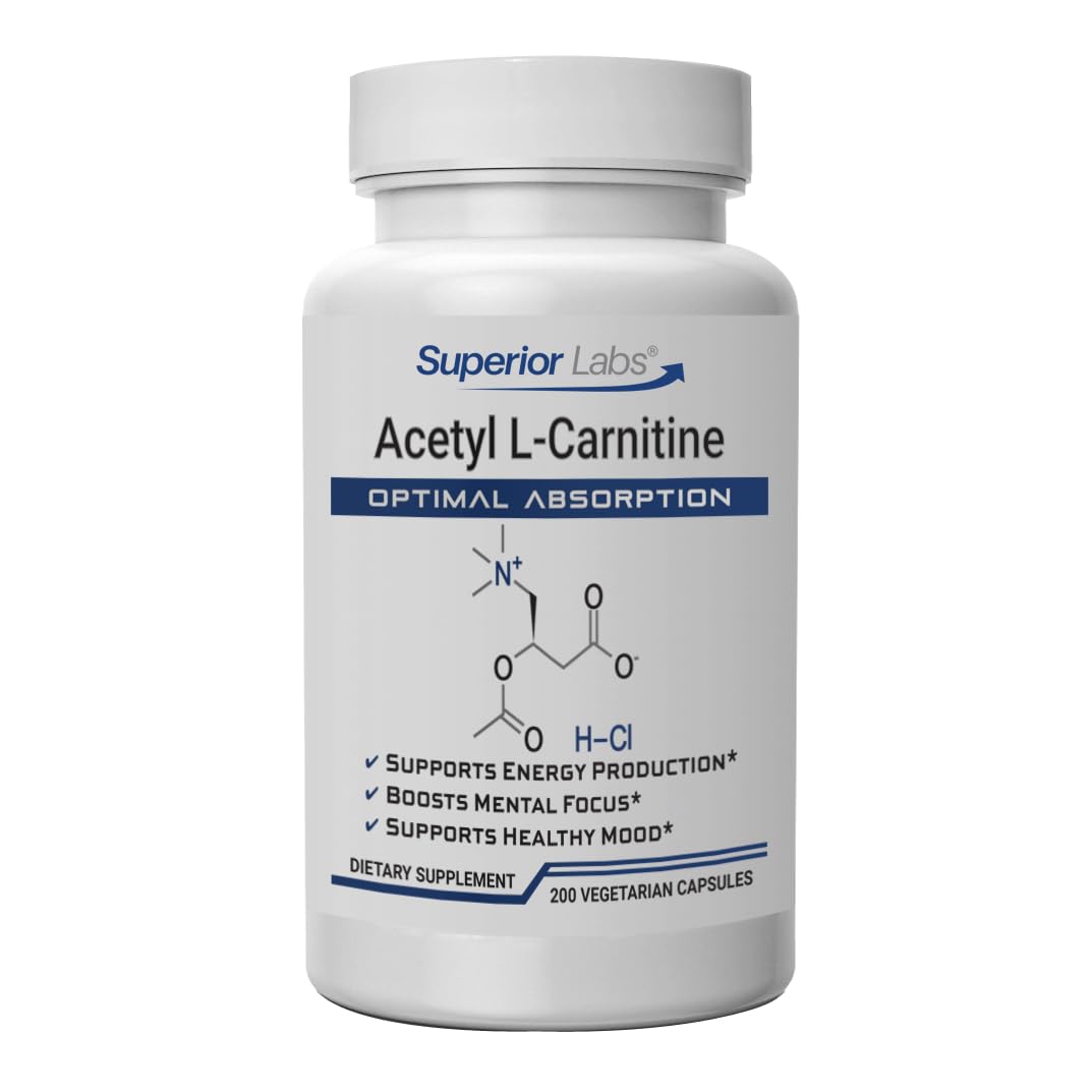 Front view of Superior Labs Acetyl L-Carnitine 500 mg bottle with 200 vegetarian capsules