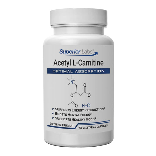 Front view of Superior Labs Acetyl L-Carnitine 500 mg bottle with 200 vegetarian capsules