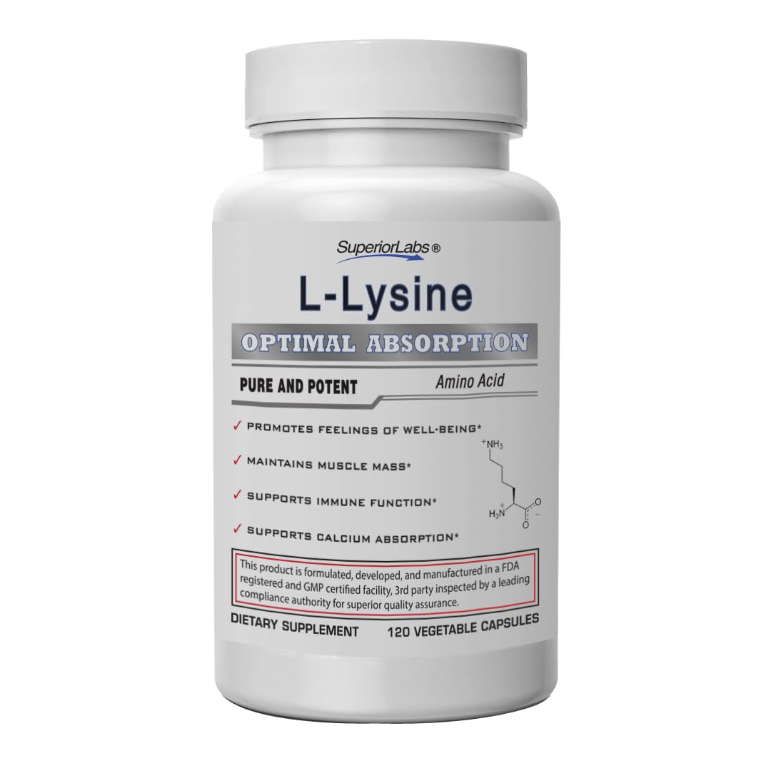 Bottle of Superior Labs L-Lysine 500 mg capsules, gluten free