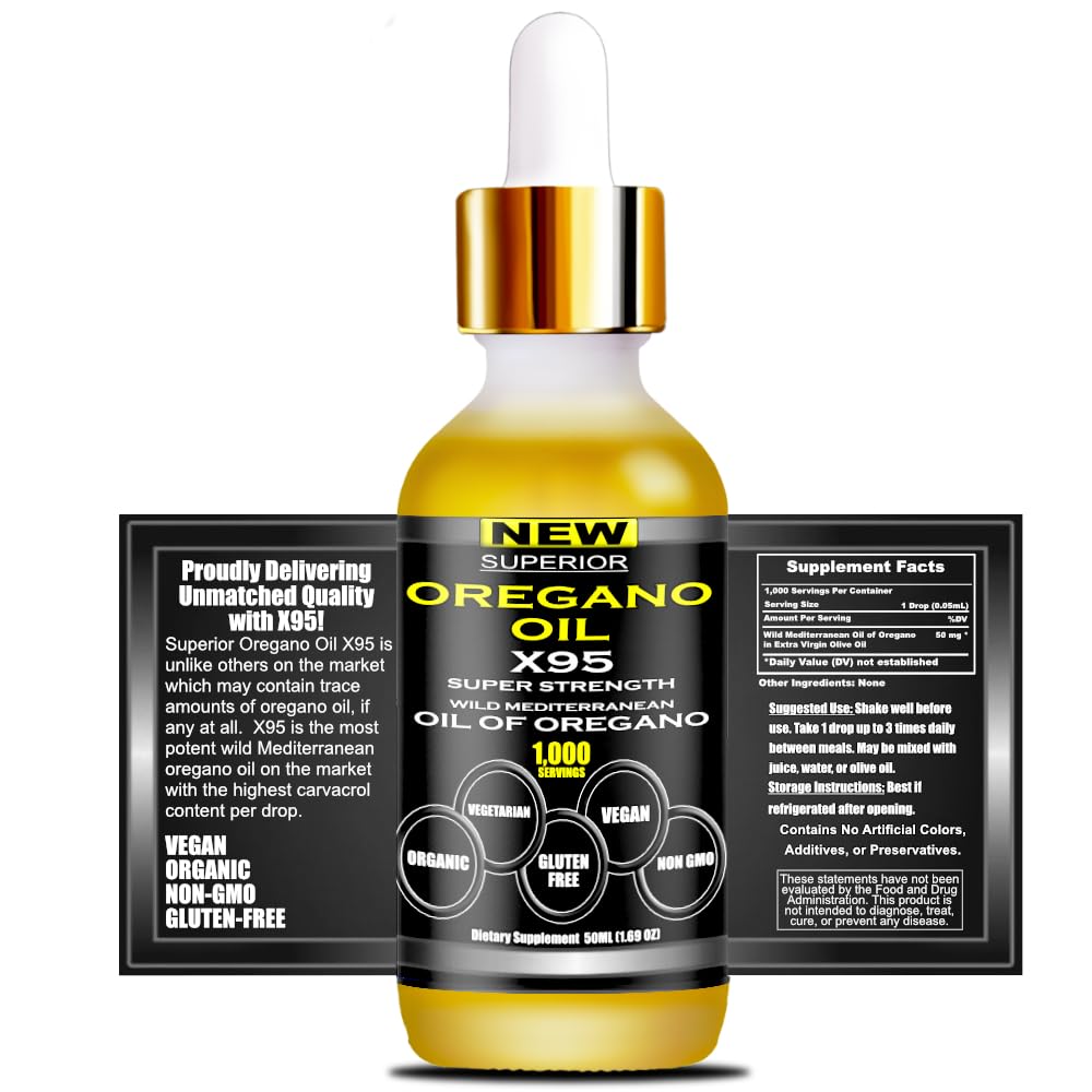 Superior Oregano Oil X95 packaging box showcasing Mediterranean origin.