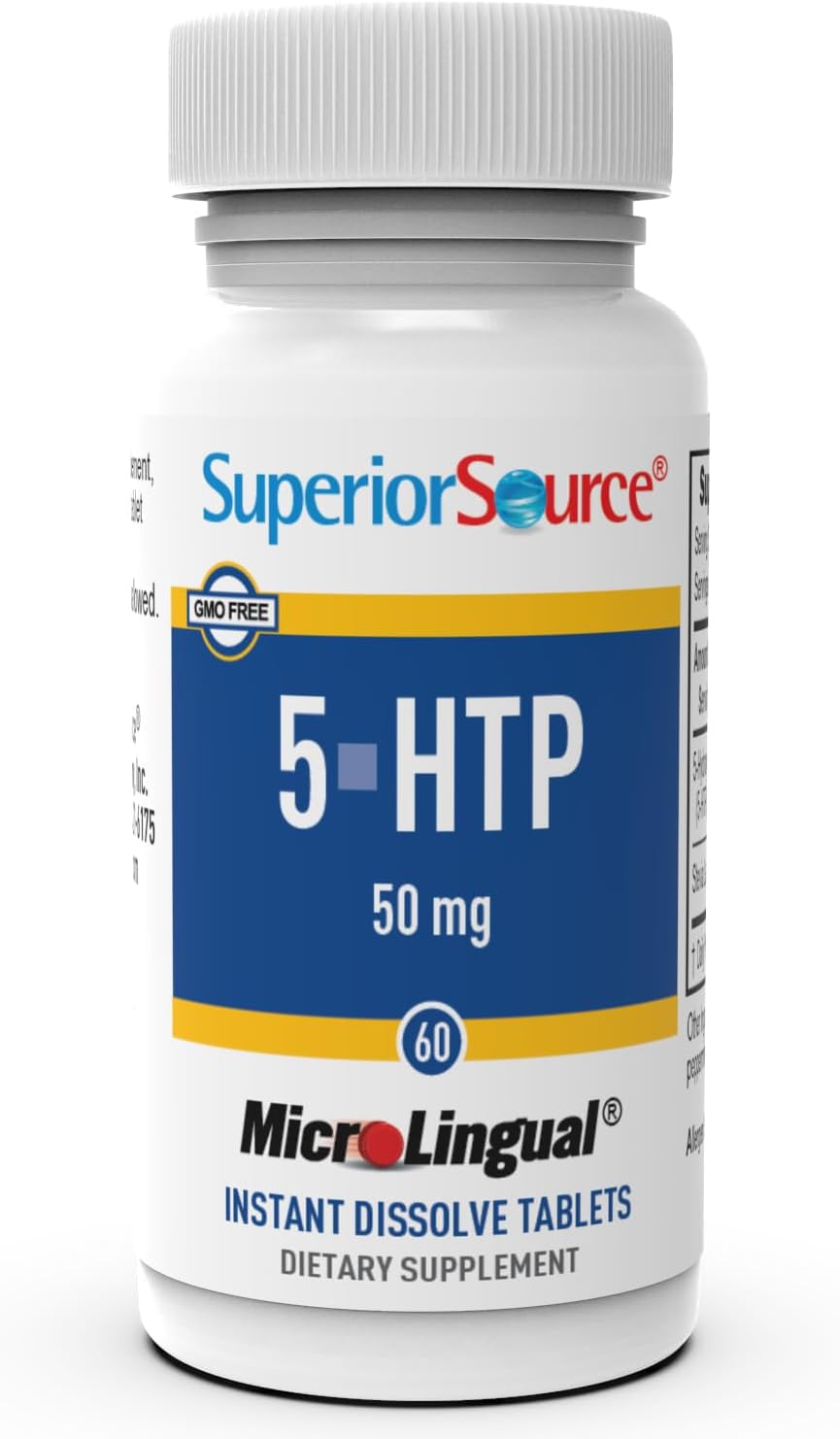 Bottle label for Superior Source 5-HTP 50 mg Instant Dissolve tablets (60 count)