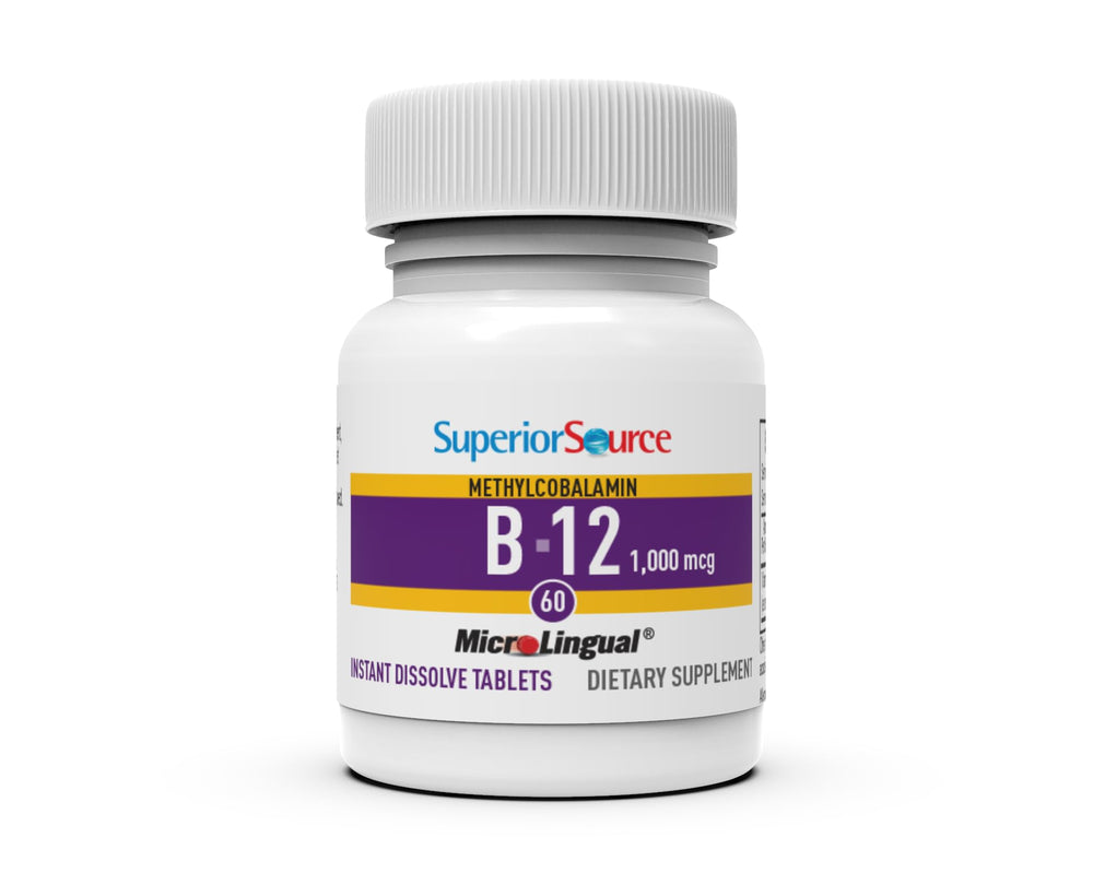 Close-up of 1000 mcg B-12 dissolving tablet for quick absorption