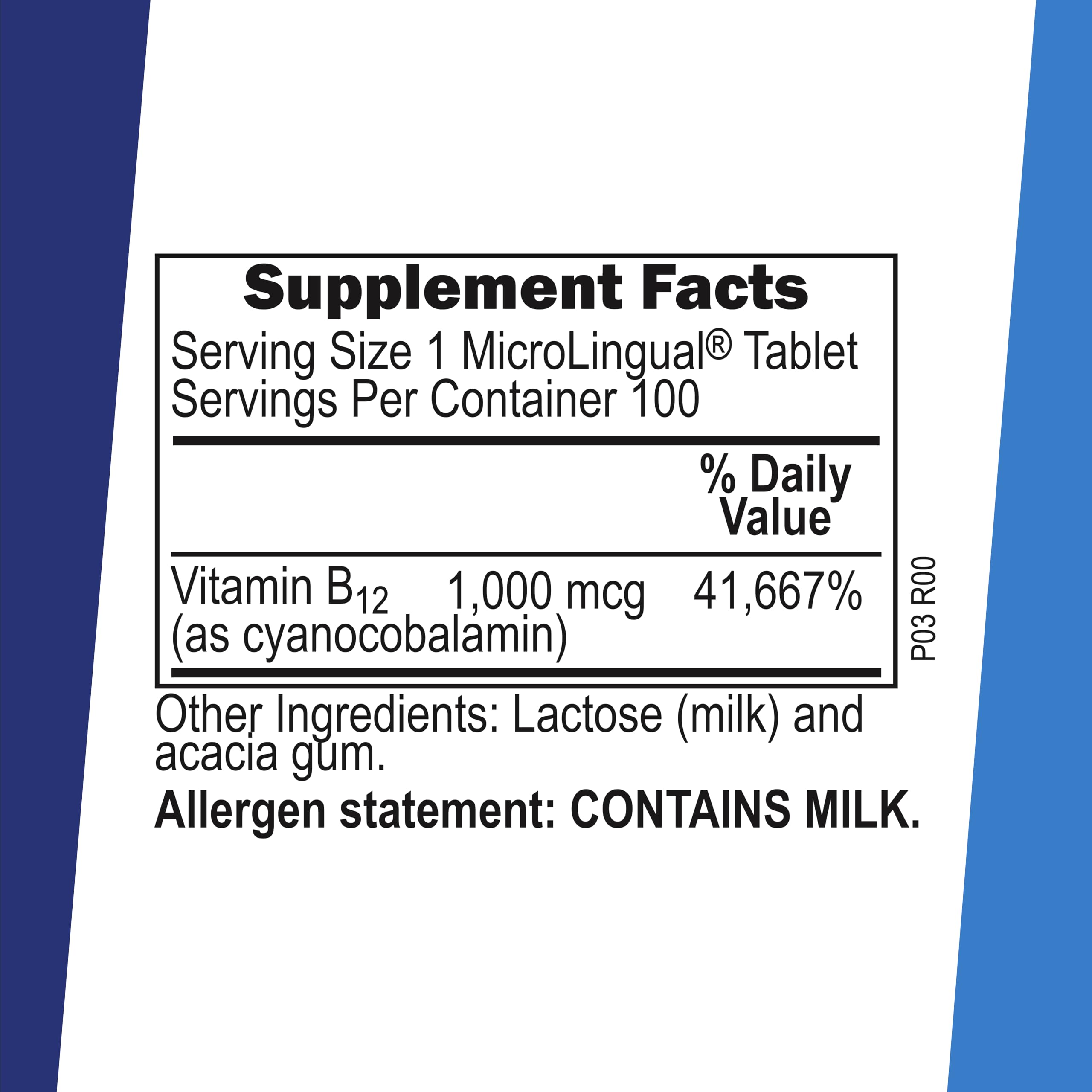 Label showing cyanocobalamin 1000 mcg on Superior Source B-12 sublingual tablets