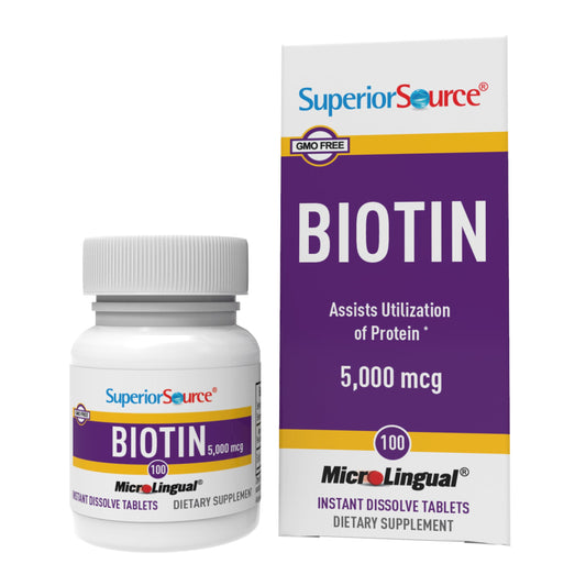 Box and bottle of Superior Source Biotin 5000 mcg MicroLingual tablets