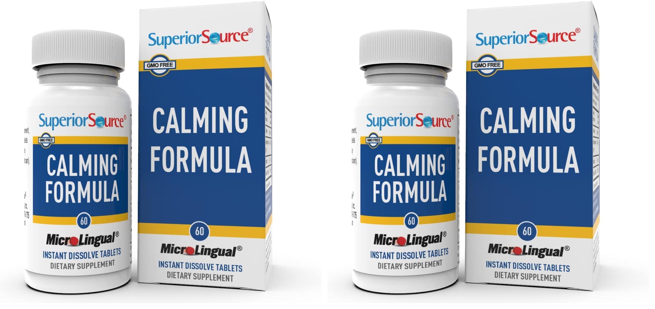 Calming Formula 60-count microlingual tablets featuring L-Theanine and melatonin