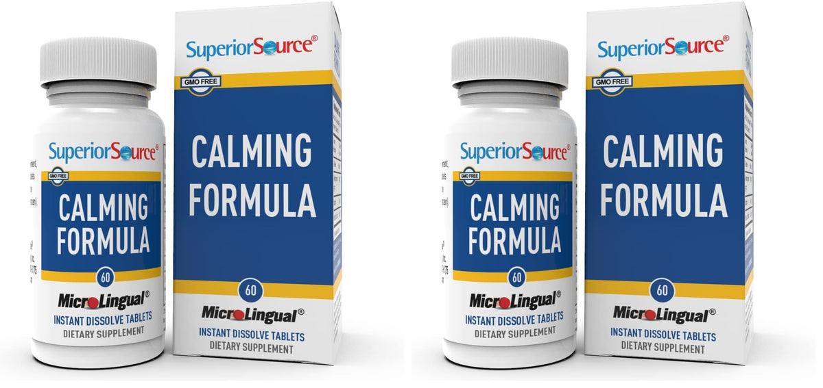 Calming Formula 60-count microlingual tablets featuring L-Theanine and melatonin
