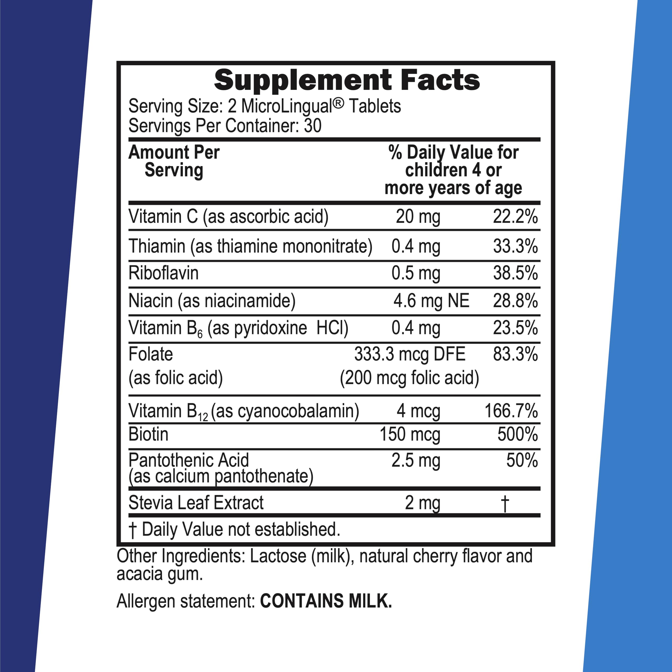 Ingredient list showing folic acid and calcium pantothenate