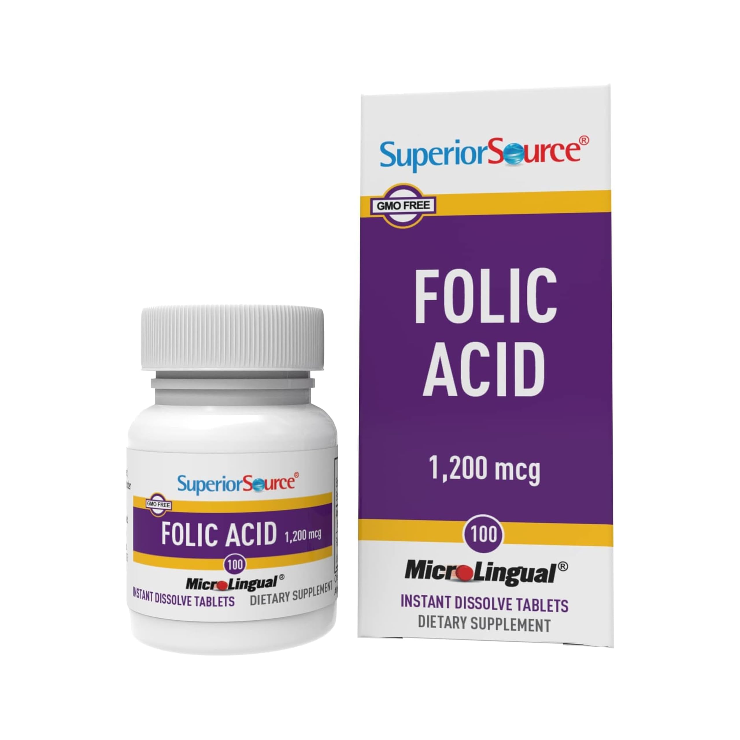Bottle of Superior Source Folic Acid 1200 mcg 100 sublingual tablets