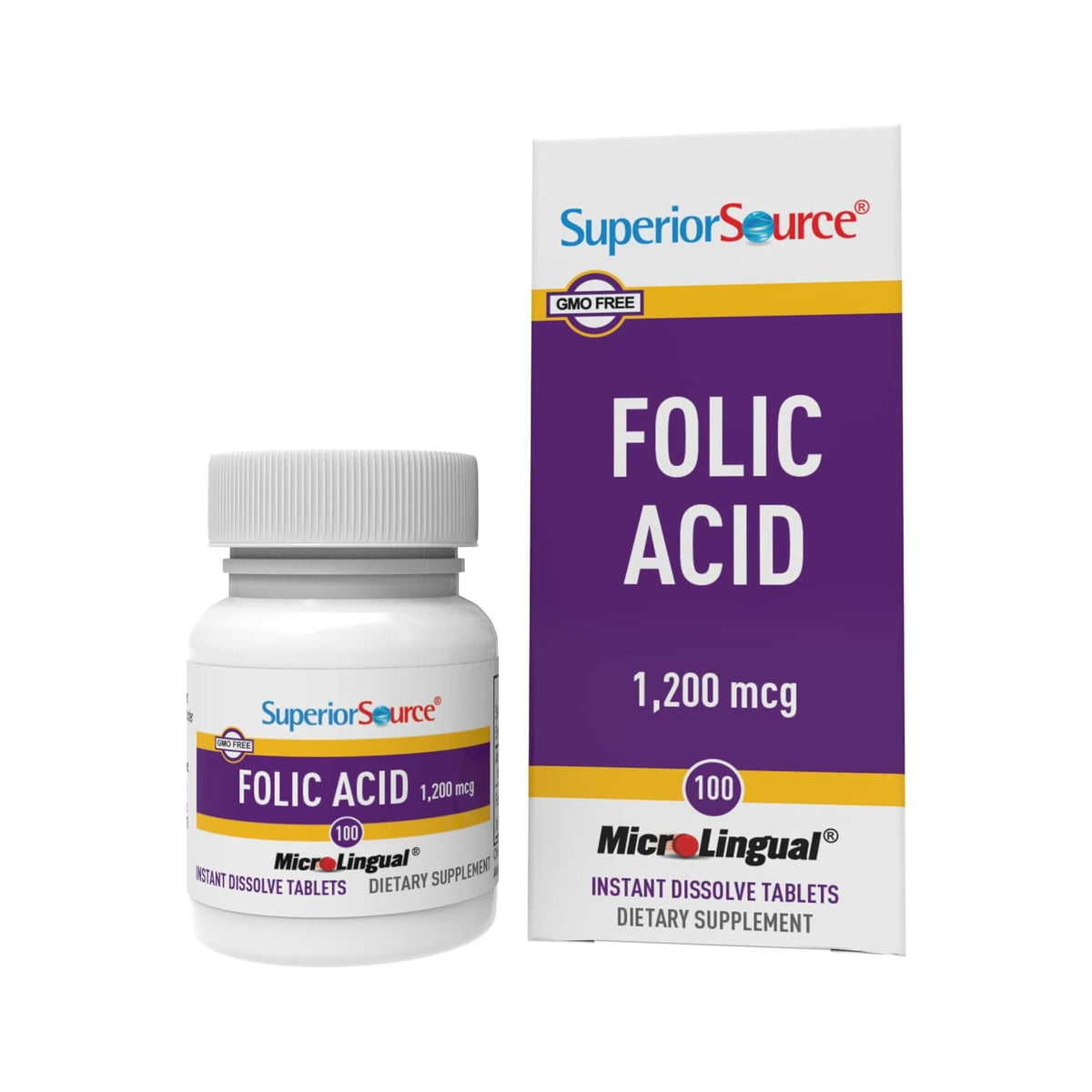 Bottle of Superior Source Folic Acid 1200 mcg 100 sublingual tablets