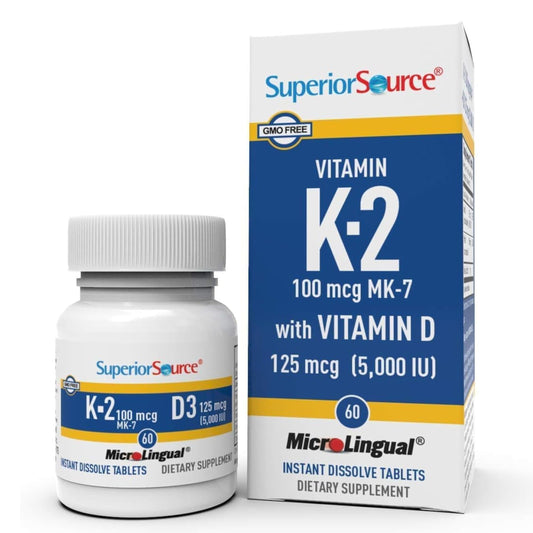 Bottle of Superior Source K2 MK-7 (100 mcg) and D3 (5000 IU) MicroLingual tablets, 60-count