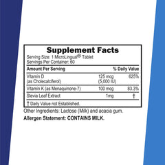 Graphic showing 100 mcg K2 MK-7 and 125 mcg D3 per tablet
