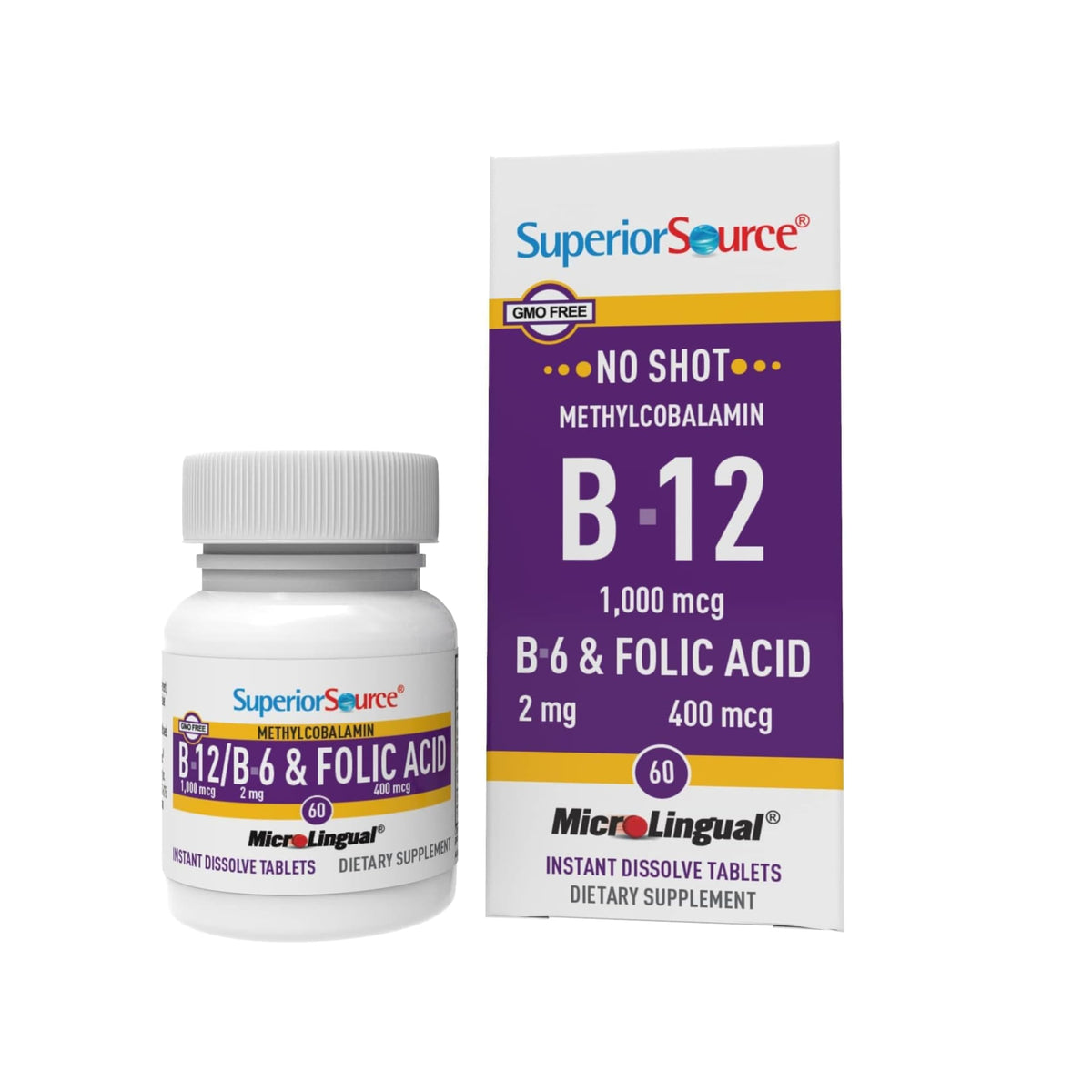 Front view of Superior Source No Shot B12 1000 mcg with B-6 and Folic Acid 60 sublingual tablets