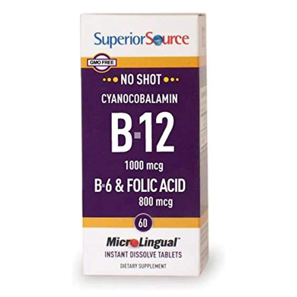 Front label of Superior Source No Shot B12 B6 Folic Acid Sublingual Tablets