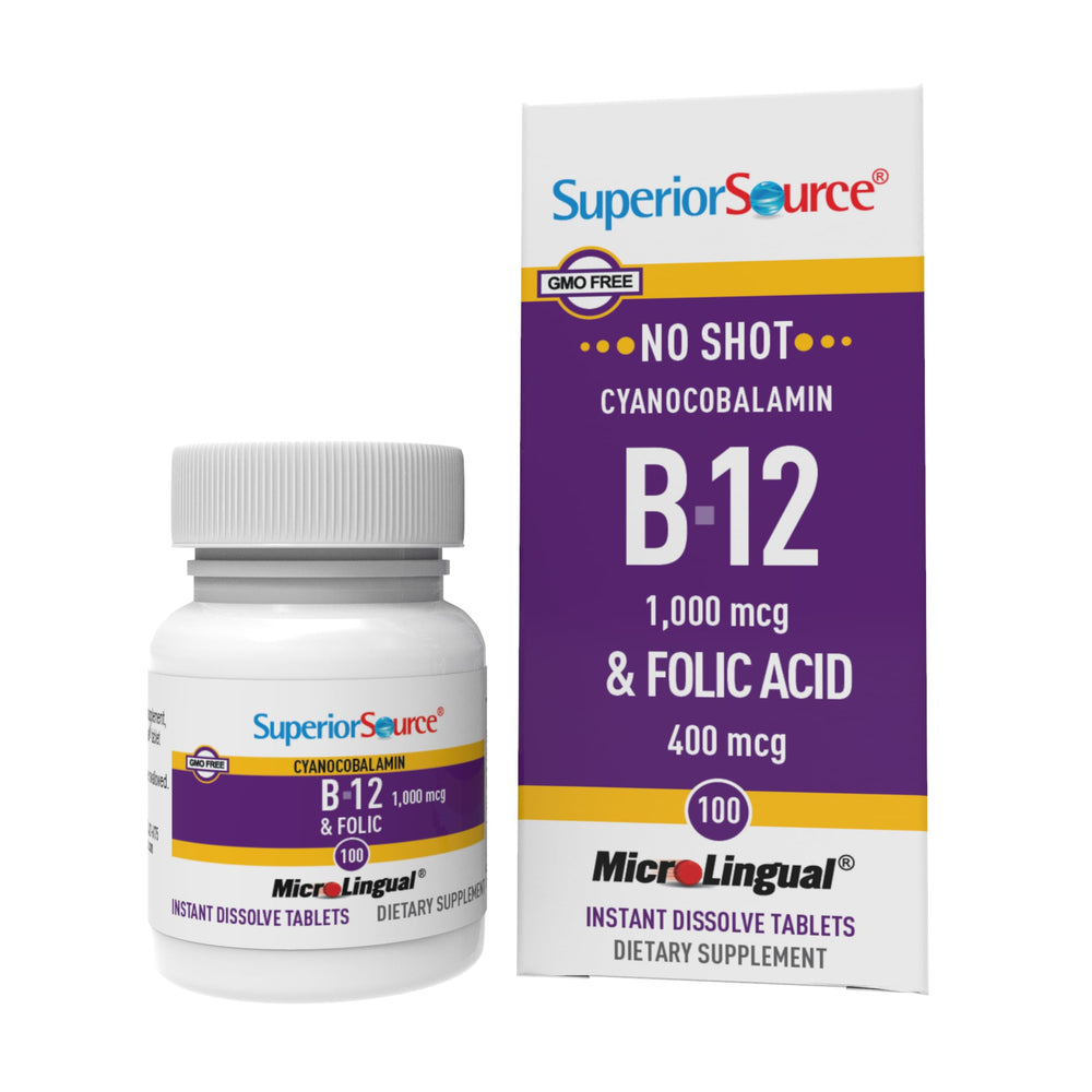 Label on Superior Source No Shot B-12 (Cyanocobalamin) 1000 mcg and Folic Acid 400 mcg bottle