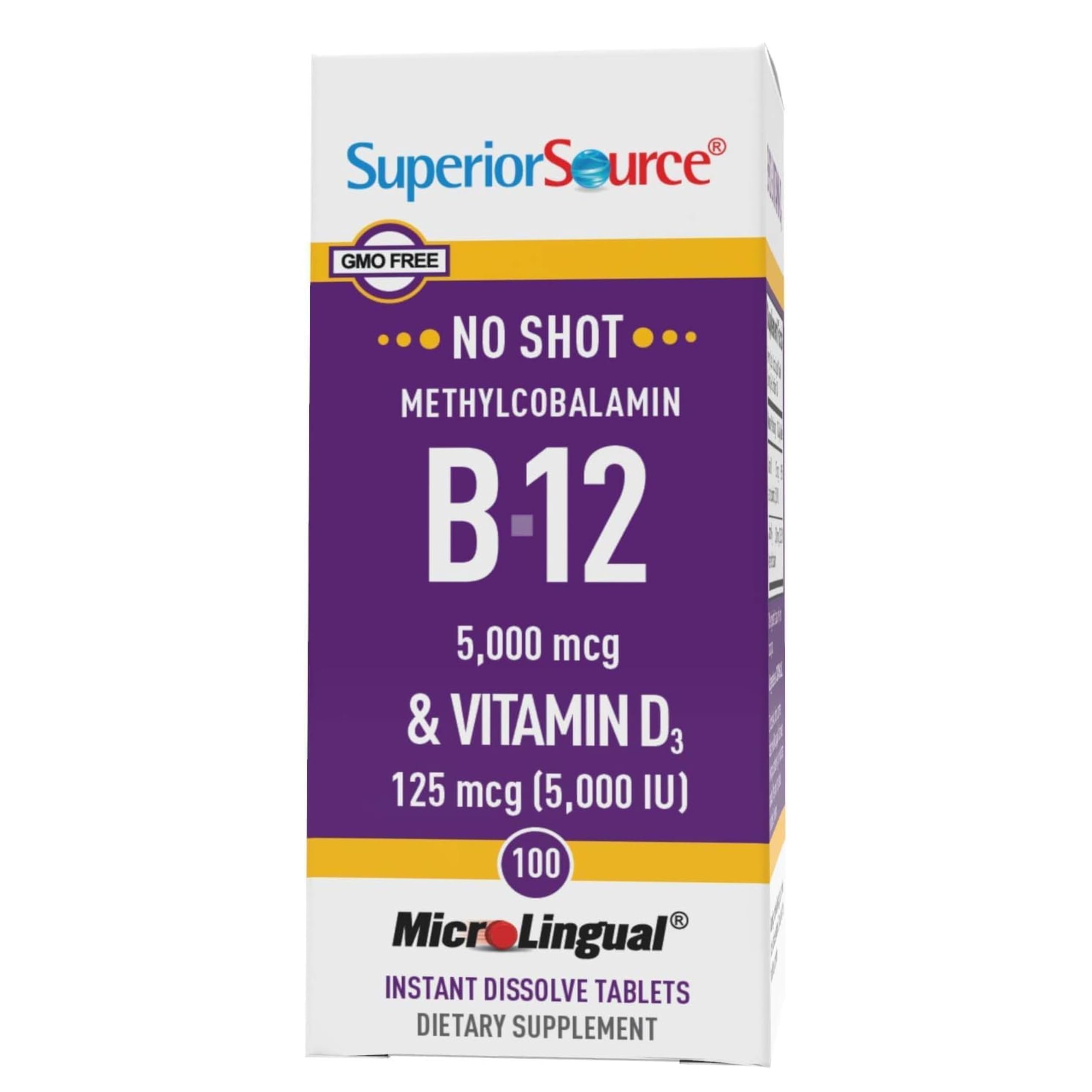 Front view of Superior Source NO SHOT Methylcobalamin B-12 5,000 mcg with D3 5,000 IU bottle
