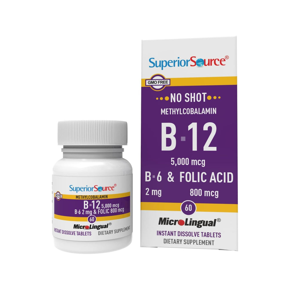 Front view of Superior Source No Shot B12 Methylcobalamin 5000 mcg 60-count bottle