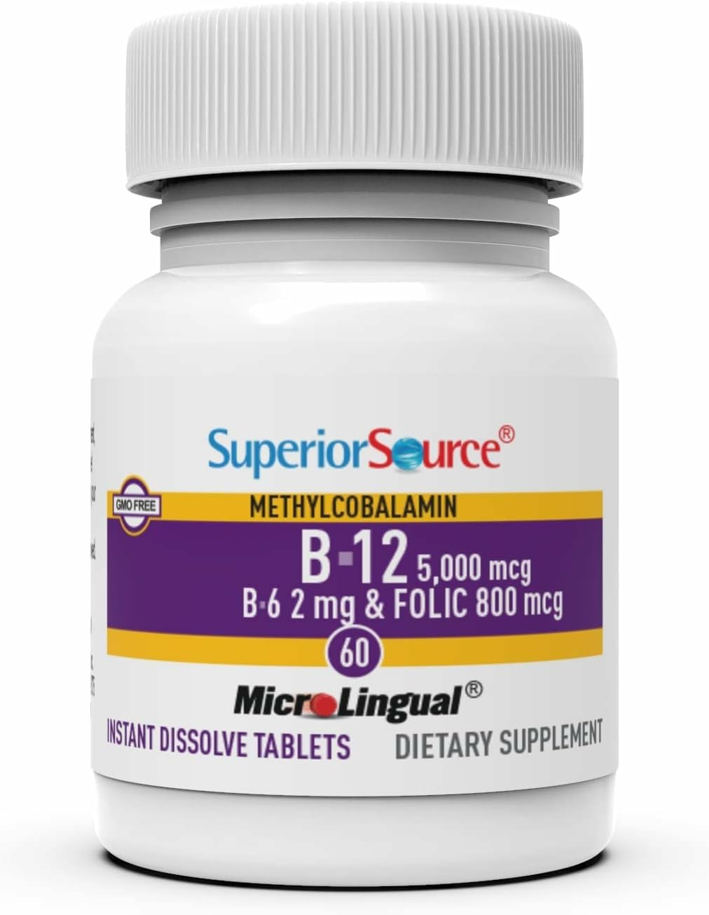 Bottle with packaging and label for Superior Source No Shot B12 60-count