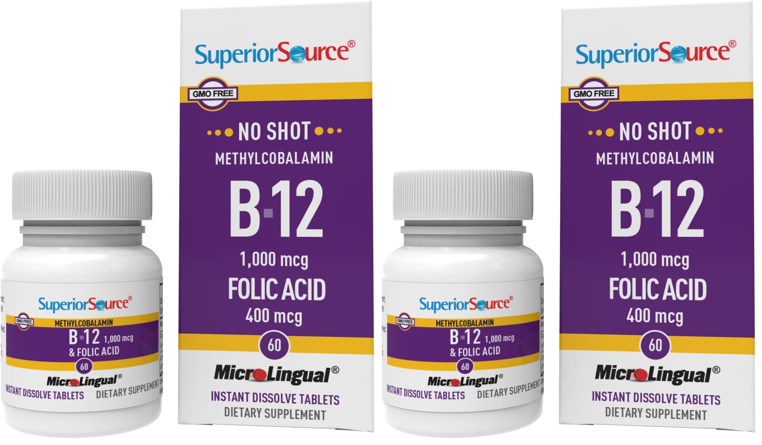 Front of Superior Source No Shot Methylcobalamin B12 with Folic Acid Multivitamin bottle - 60 Count (Pack of 2)